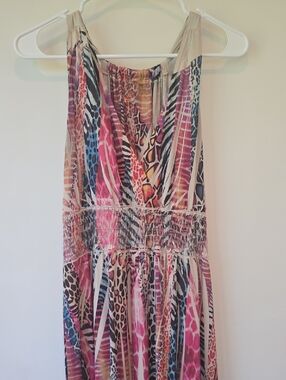 Multicolor Pink Blue Tan Animal-Print Maxi Dress